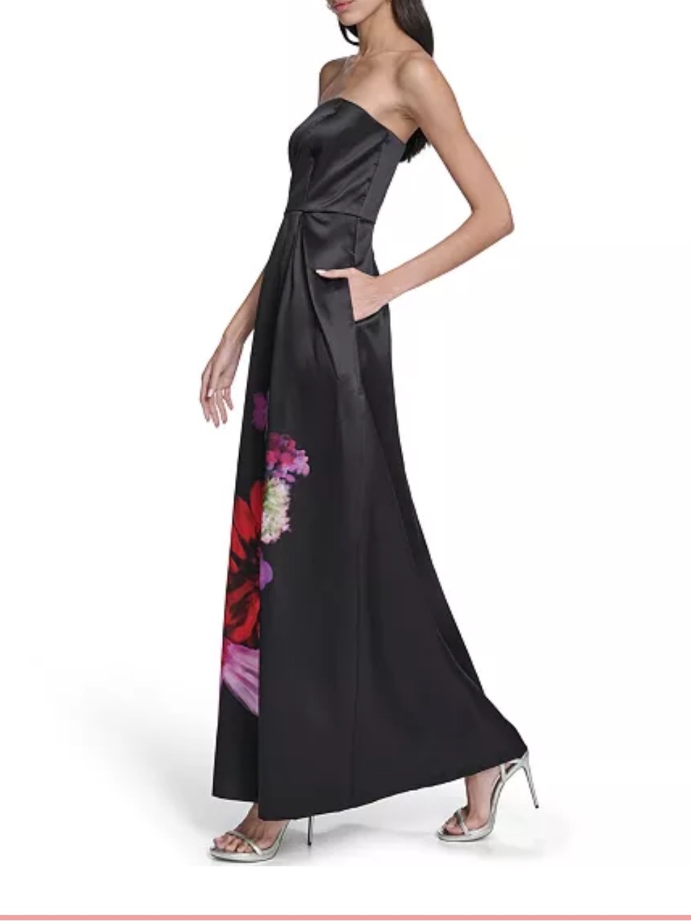 Eliza J Black Strapless Gown with Red and Purple Floral Print NWT - Picture 2 of 6